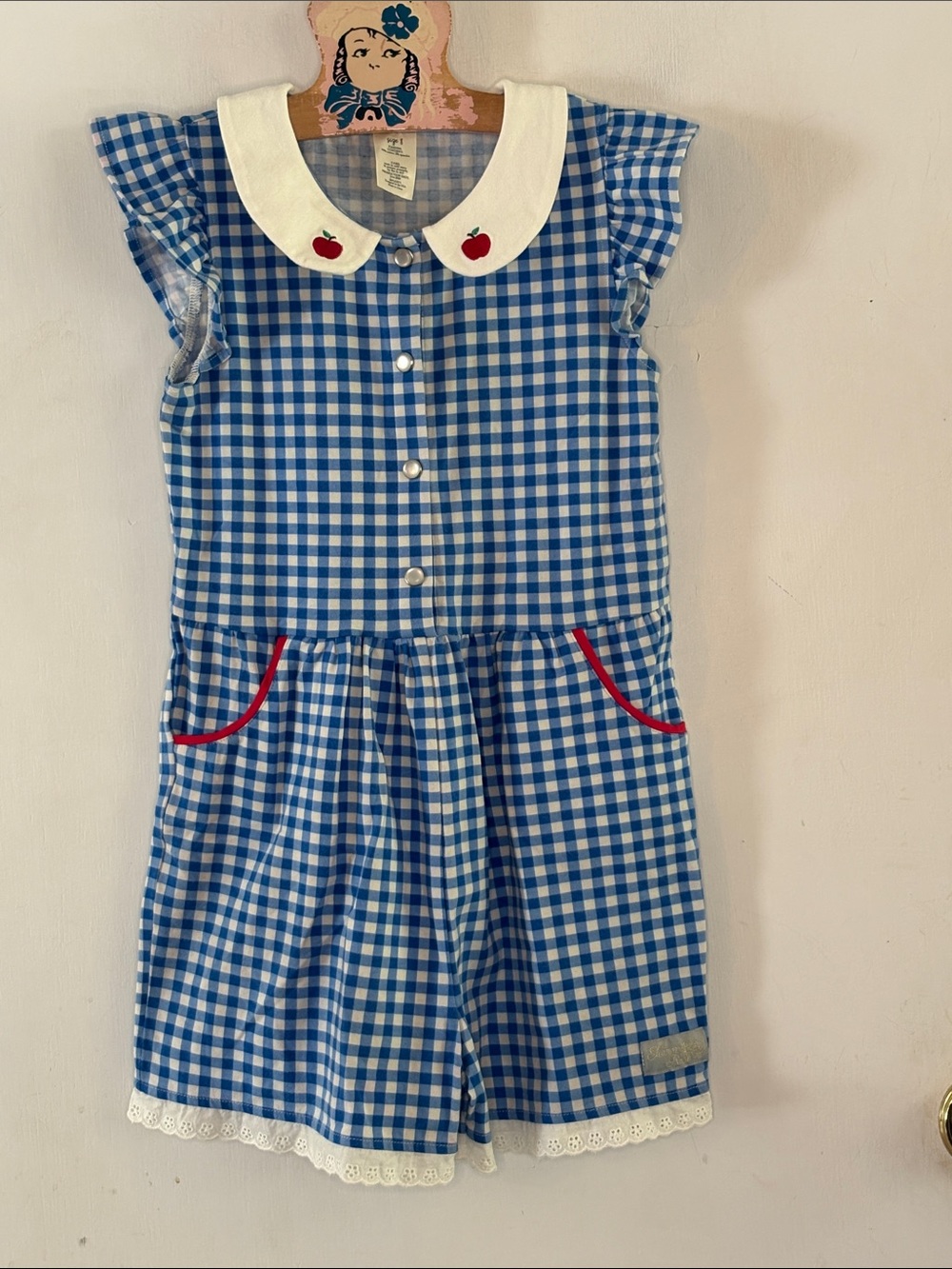 Eleanor Rose blue gingham knit romper apple embroidery eyelet lace trim Size 8